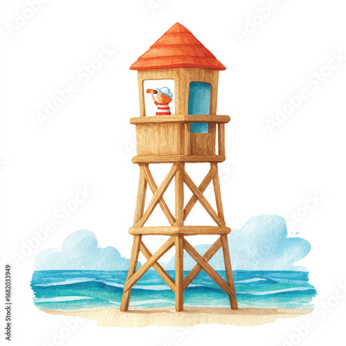 Watercolor Beach Lifeguard Tower with Child Lookout