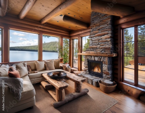 cozy and serene rustic log cabin living room with reclaimed wood furniture a stone fireplace and large windows with view of a lake and forest