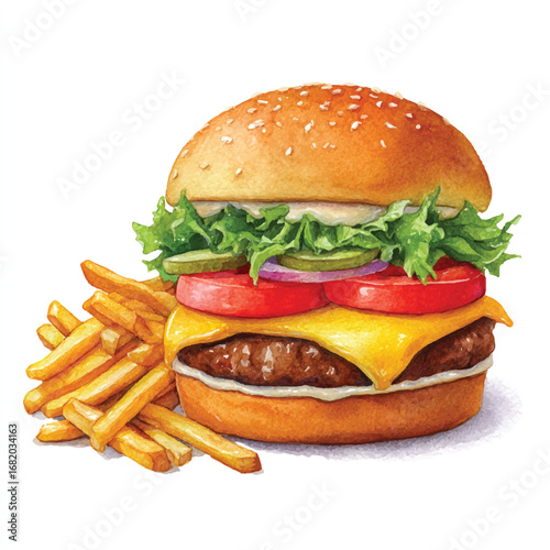 Watercolor Burger and Fries with Fresh Ingredients and Sesame Seed Bun (1)