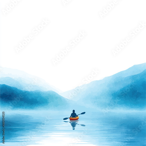 Solitary Kayaker on Misty Lake Surrounded by Blue Watercolor Mountains