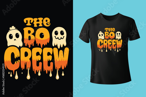 Halloween T-shirt design costume template. Happy Halloween scary trendy vector t-shirt design. Halloween vector clothing apparel t-shirt design