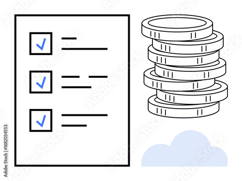 Checklist with blue checkmarks beside tasks, stack of coins signifying finance or savings, and a cloud icon. Ideal for finance, productivity, planning, savings, success economy and budgeting. Clean