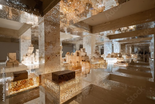 Golden Illuminated Museum Exhibition Hall Interior