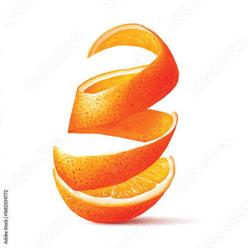 Spiraling Orange Peel with Detailed Texture and Vibrant Color Isolated View