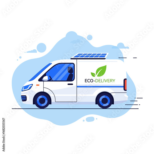 White delivery van with eco-friendly leaf logo moving fast.