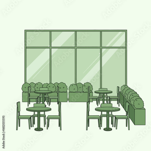 Modern cafe interior with seating and large windows.
