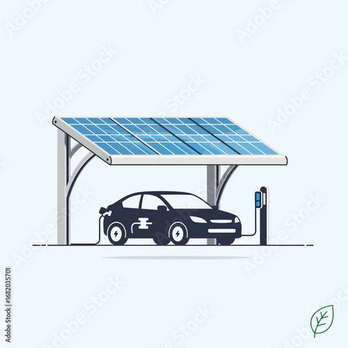 Electric car charging under a solar panel carport.