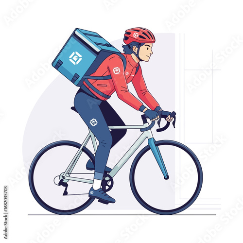 Delivery person rides bicycle with insulated bag on back.