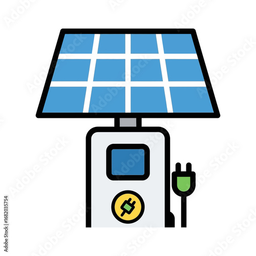 Solar panel charging station with green plug and blue grid.