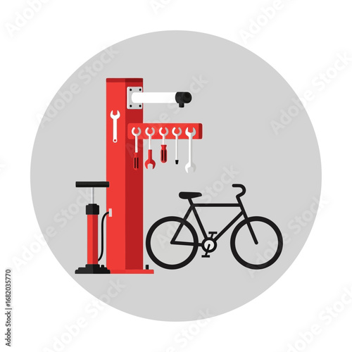 Bicycle repair station with pump and bicycle.