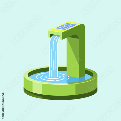 Green drinking fountain with flowing water on a light blue background.