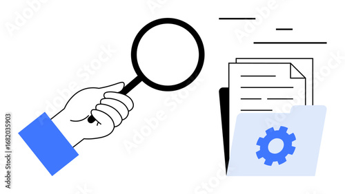 Hand with magnifying glass inspecting documents, gear icon on folder suggesting settings or process. Ideal for search, analysis, data exploration, productivity, software, audit, simple landing page