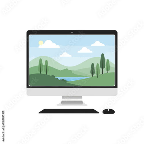 Computer displaying a nature landscape scene with trees and hills.