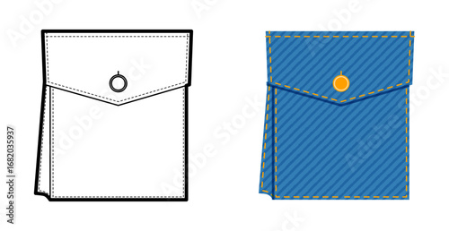 Bellows Cargo with Angled Flap Pocket Jeans technical fashion illustration. Flat apparel line template and color. Women, men unisex style item CAD mockup isolated on white background 