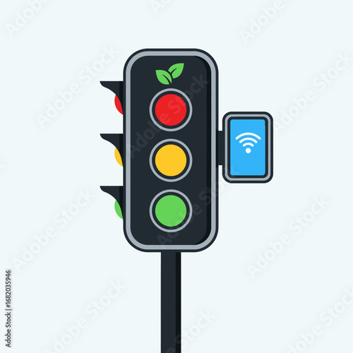 Smart traffic light with digital display and leaf symbol.