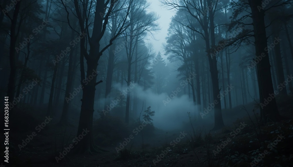 Naklejka premium Dark forest scene with dense fog and tall trees Misty woodland path at twilight