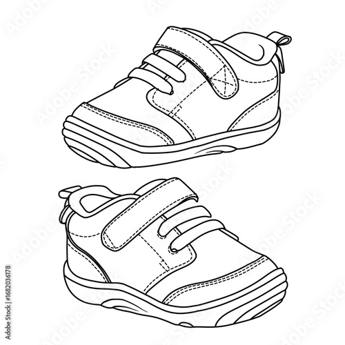 A simple black and white outline illustration of a pair of baby shoes. This hand drawn sketch shows two toddler sneakers with velcro straps, ideal for a coloring book page.