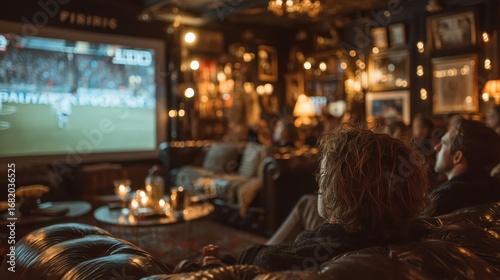 Cozy atmosphere with spectators enjoying sports game on large screen in a stylish lounge with ambient lighting and vintage decor