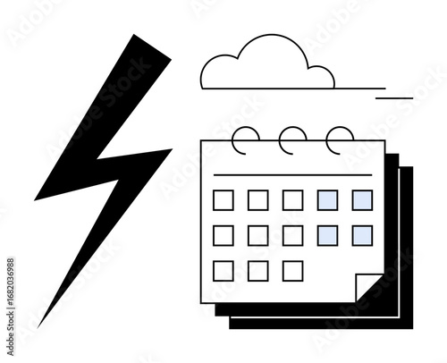 Lightning bolt, calendar with highlighted dates, and cloud. Ideal for weather, scheduling, planning, risk, decision-making, productivity and deadlines in a simple flat metaphor