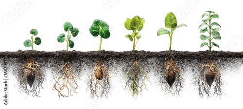 Stages of plant growth from seed to sprout.  A series of  young plants in various stages of development emerging from soil, showing the progression of growth from seed to visible sprouts. 