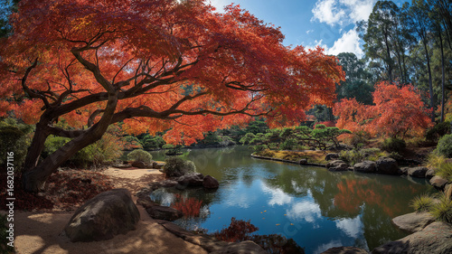 鮮やかな紅葉に包まれた日本庭園の石灯籠と砂利の小道が描かれた秋の絶景イラスト、伝統的な和の美と自然の色彩が融合した幻想的な情景、背景や観光素材におすすめのストックイラスト