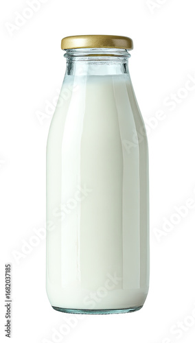 Glass milk bottle, filled with opaque white liquid, capped with gold lid