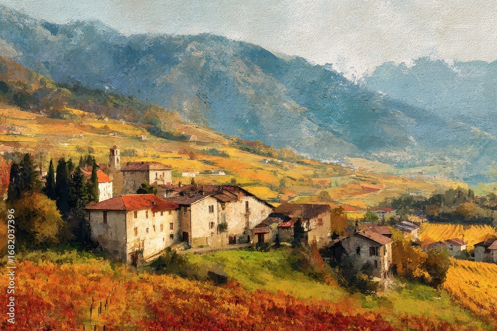 Obraz premium Picturesque Village Nestled in the Foothills of a Mountain Range