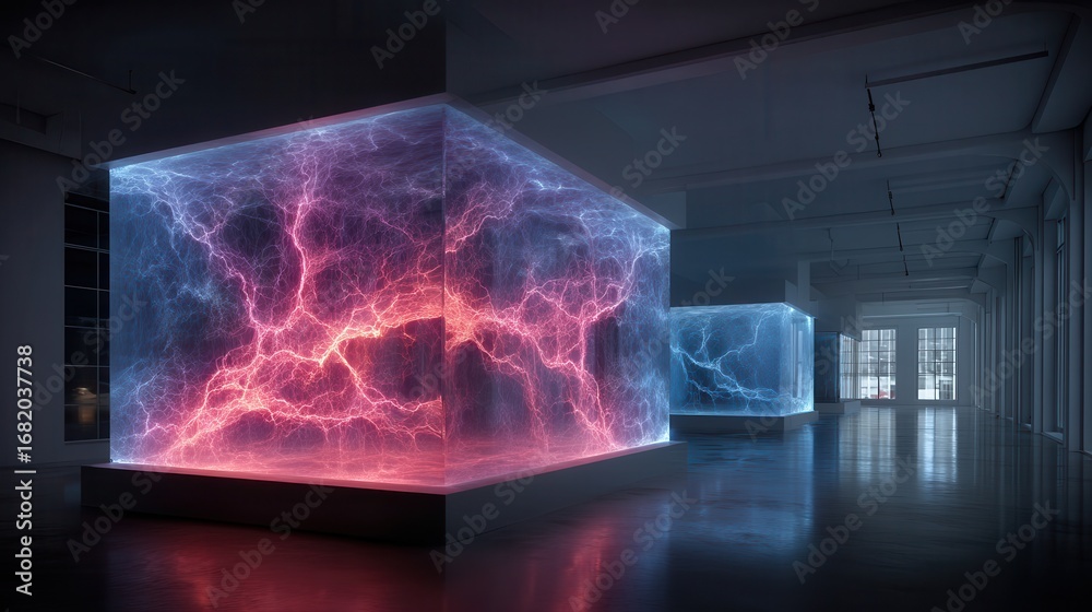 Obraz premium Futuristic Art Installation with Colorful Lightning Effects in Modern Gallery Space, Evoking Energy and Transformation in Contemporary Design