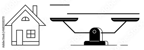 House next to a classic balance scale symbolizing comparison, equity, or weighing options. Ideal for real estate, finance, decision-making, property value, investment, equilibrium and trade-off