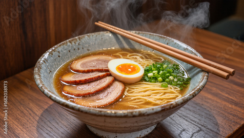 A steaming bowl of authentic Japanese ramen sits on a wooden counter.