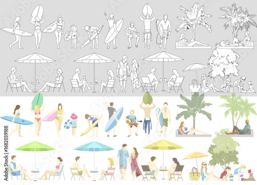 Flat vector illustration collection of surfers enjoying resorts and the sea