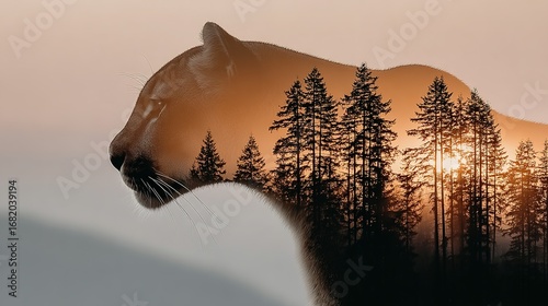Cougar silhouette filled with forest trees and sunlight double exposure effect.