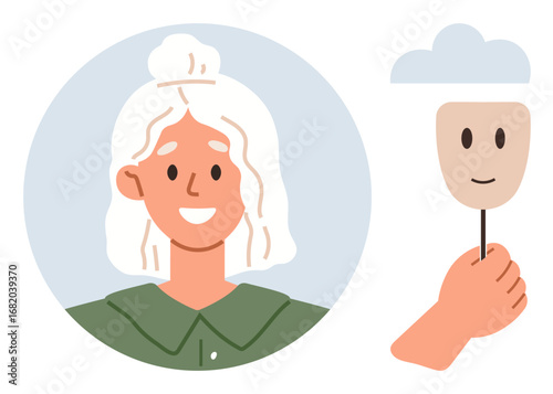 Smiling individual with white hair wearing green shirt, holding a mask with a smile. Ideal for self-expression, mental health, authenticity, emotions, personal growth, social dynamics, communication
