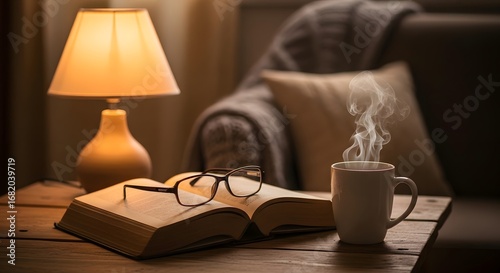 Cozy evening reading with a warm drink and glasses by lamplight.
