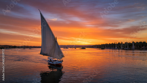 A traditional Egyptian felucca sailboat glides on the Nile River during a vibrant and dramatic sunset.