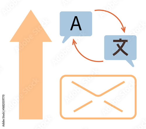 Speech bubbles with multilingual symbols, email envelope, and upward arrow denote growth, translation, and communication. Ideal for global communication, language barriers, mail systems, education