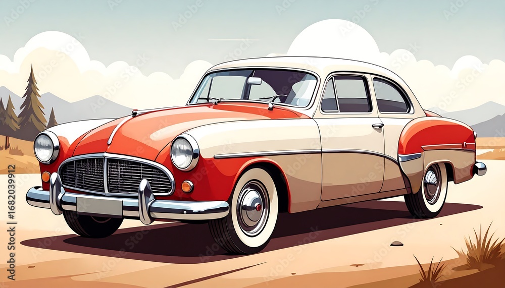 Obraz premium A vintage automobile, rendered in warm tones, sits on a desert landscape, highlighted by the vibrant orange and cream paint job.