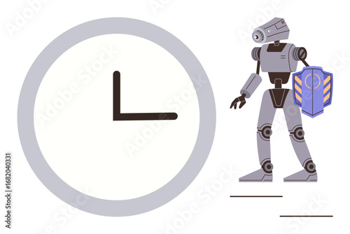 Robot holding shield standing beside clock symbolizing cybersecurity, AI, time management, automation, future technology, innovation. Ideal for digital security, robotics, time concept futuristic