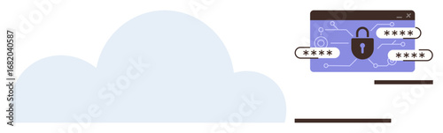 Cloud and padlock inside secure interface highlight data protection. Ideal for cybersecurity, encryption, cloud storage, data privacy, tech security, web safety, simple flat metaphor