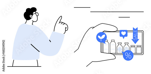 Individual pointing towards smartphone displaying bottles, discount tags, and social icons. Ideal for online shopping, e-commerce, product marketing, mobile apps, digital engagement, technology