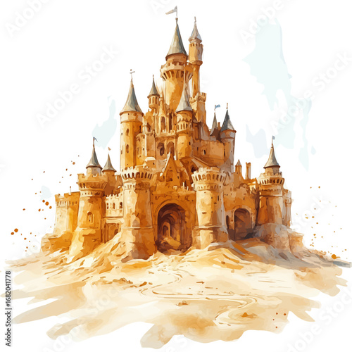 Sandy Castle, watercolor drawing vector, isolated on a white background.