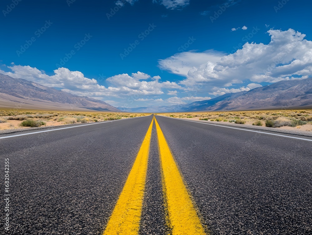 Fototapeta premium Endless Desert Road Adventure: Scenic Highway Journey Under Blue Sky and White Clouds
