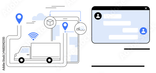 Truck navigating routes with location pins, wireless signal, and phone interface. Messaging system for coordination. Ideal for delivery, logistics, communication, tracking, supply chain management