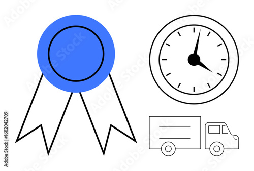 Blue medal, clock, and delivery truck symbolize excellence, time management, and optimized logistics. Ideal for quality assurance, punctuality, reliability, transportation professionalism