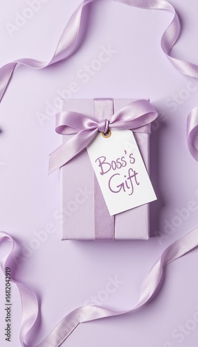 Gift box with tag for boss on purple background with ribbon  