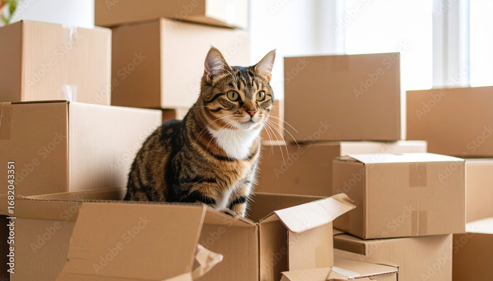Fototapeta premium Tabby cat sitting inside cardboard box surrounded by stacked moving boxes in bright room, curious pet exploring new environment with natural light and cozy atmosphere
