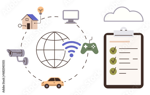Globe with wireless, smart home, CCTV, car, computer, game controller, checklist, and cloud. Ideal for IoT automation connectivity tech innovation remote control digital security simple flat