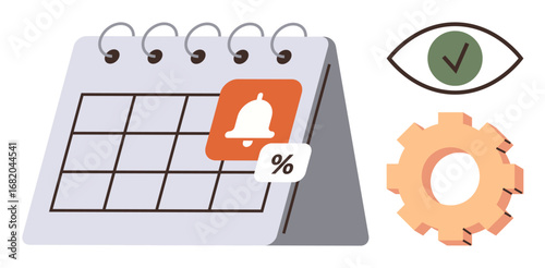 Desk calendar displaying a reminder bell and percentage sign. Includes eye with checkmark and gear. Ideal for planning, productivity, organization, deadlines, task management, scheduling, simple flat