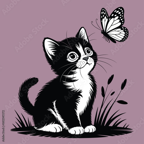 Cute black and white kitten captivated by butterfly in purple grass, perfect for pet lover designs and nature enthusiasts.