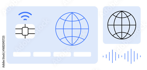 Globe grid, wireless icon, chip, and soundwave elements. Ideal for communication, networking, connectivity, global data, technology internet and digital innovation in simple flat metaphor